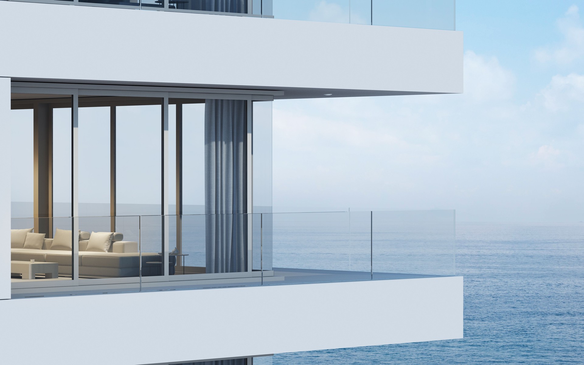 Perspective of high-rise condominium building with sea view background - 3D rendering - Illustration